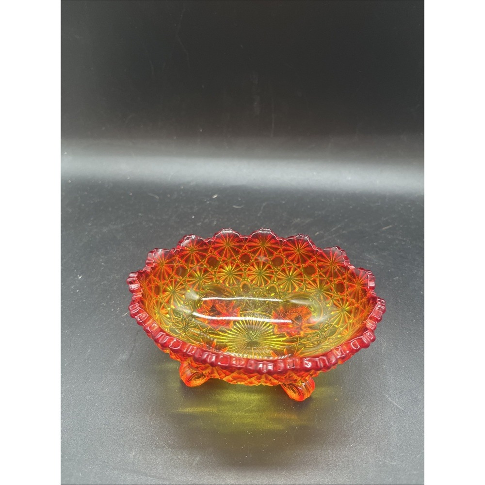 Vtg LE Smith Mcm Daisy Pedestal Amberina Orange Glass Bowl Candy Dish